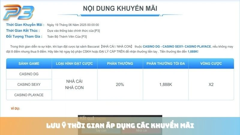 Khuyến mãi P3Bet 2 Lưu ý thời gian áp dụng các khuyến mãi tại nhà cái P3Bet