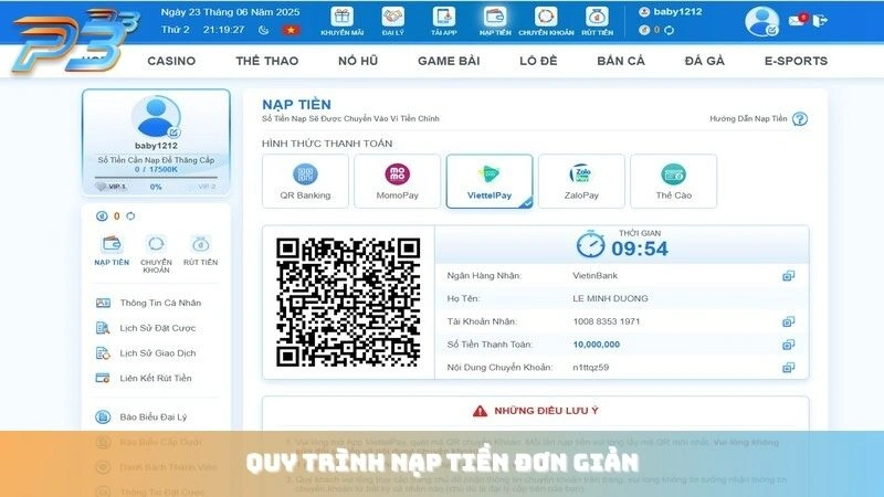 Nạp tiền P3Bet 2 Quy trình nạp tiền tại P3Bet cực kỳ đơn giản