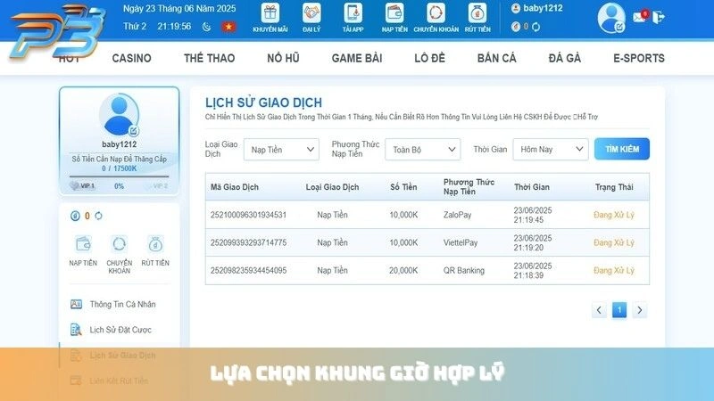 Nạp tiền P3Bet 3 Lựa chọn khung giờ hợp lý để nạp tiền P3Bet