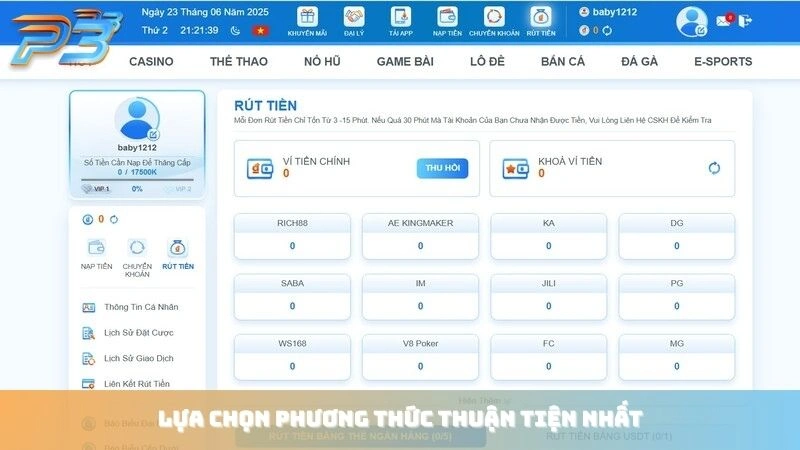 Rút tiền P3Bet 3 Lựa chọn phương thức thuận tiện nhất