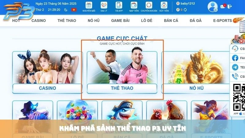 Khám phá sảnh Thể Thao P3Bet uy tín