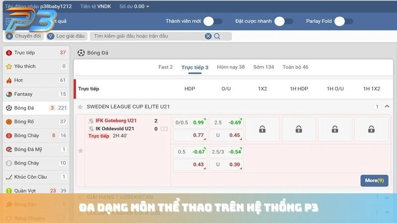 Đa dạng môn thể thao trên hệ thống P3Bet